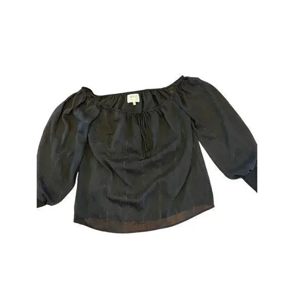 WAYF x BFF Sarah Silver Metallic & Black Off the Shoulder Top Sheer Long Sleeves - Picture 5 of 12